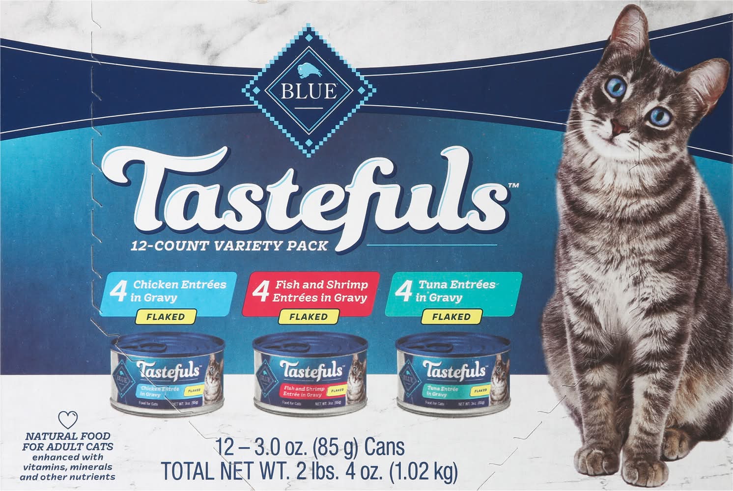 BLUE Tastefuls Flaked Wet Cat Food Variety pack, Chicken Entrees in Gravy-Fish and Shrimp Entrees in Gravy-Tuna Entree in Gravy, Adult (12 x 3 oz)