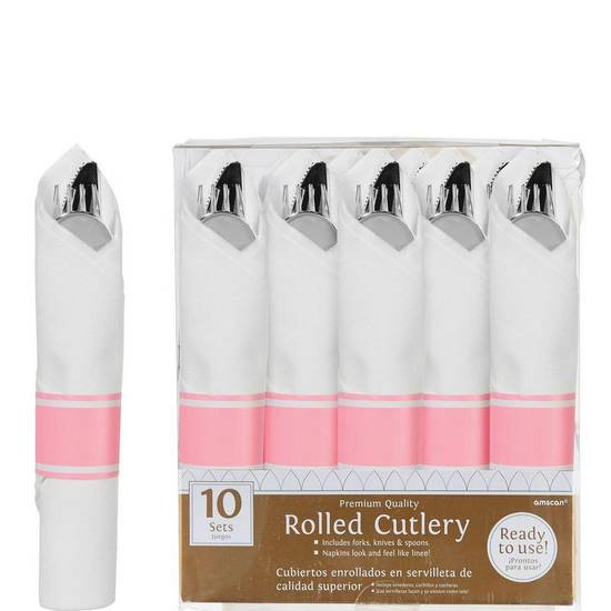 Rolled Metallic Silver Premium Plastic Cutlery Sets, 10ct - Pink Band