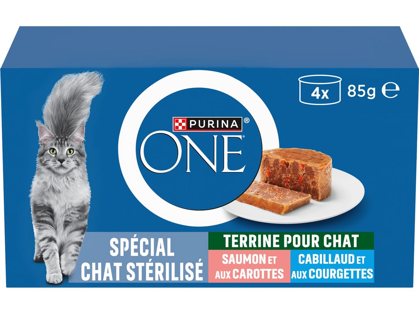 Terrines pour chat stérilisé au cabillaud et aux courgettes, au saumon et aux carottes PURINA - la boite de 340g