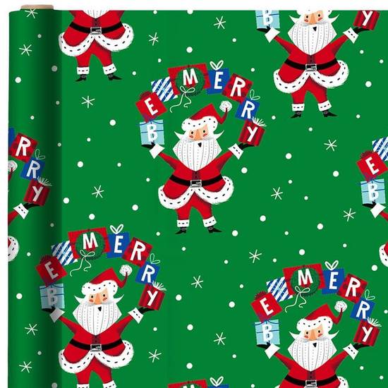 Green Santa Be Merry Presents Gift Wrapping Paper, 18ft x 40in (60 sq ft)