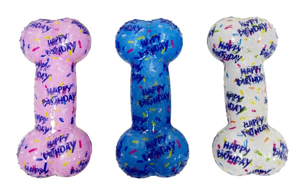 'Happy Birthday' Bone Shaped Thermoplastic Rubber Dog Toy Assorted