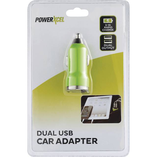 PowerXcel Car Adapter USB Dual Output 2.1A RapidCharge Green
