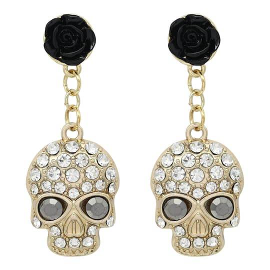 Celebrate It Gold Rhinestone Skull & Black Rose Dangle Earrings, 0.78 x 2.1"