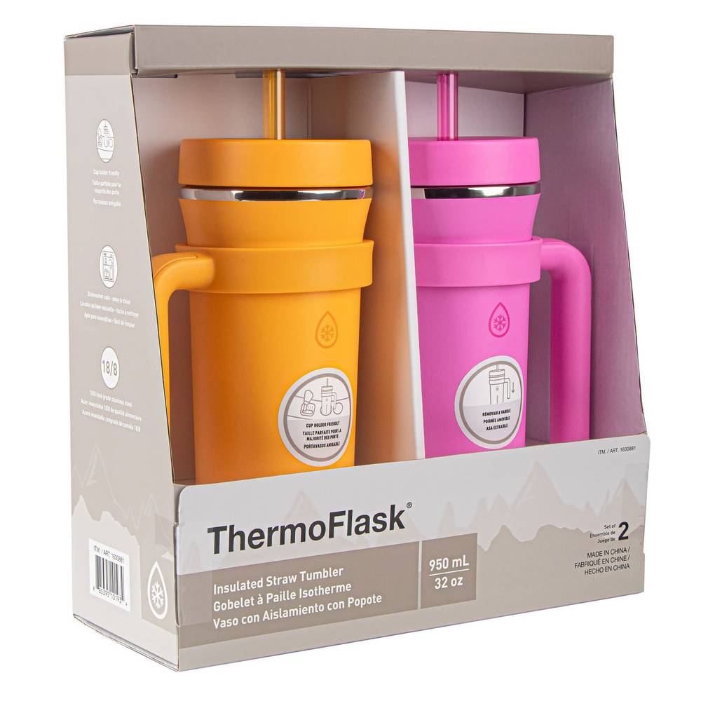 ThermoFlask 32oz Insulated Standard Straw Tumbler with Handles, 2-pack