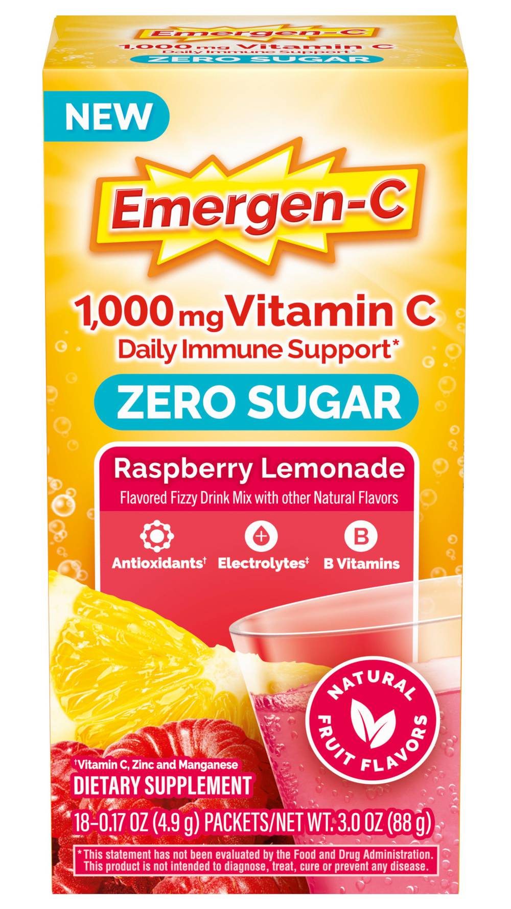 Emergen-C 1000 Mg Zero Sugar Vitamin C, Raspberry Lemonade (0.17 oz, 18 ct)