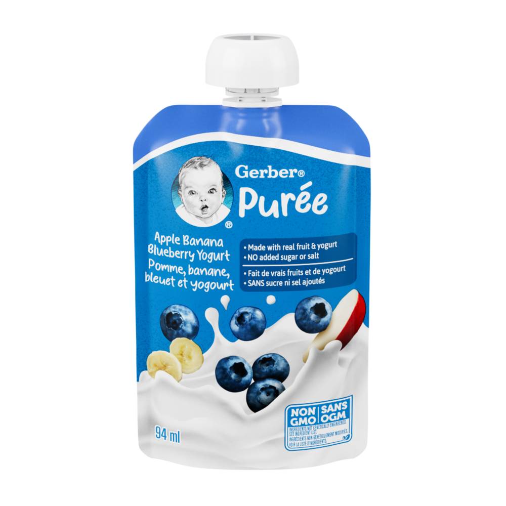 Gerber Yogurt Purée Made With Real Fruit and Yogurt Baby Food, Apple-Banana-Blueberry (94 ml)