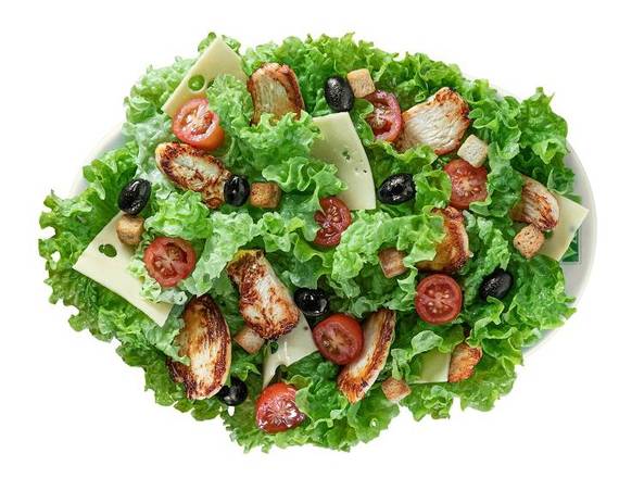 Salade César :  Salade verte, emmental, tomates cerises, croutons grillés, rôti de poulet et sauce césar.