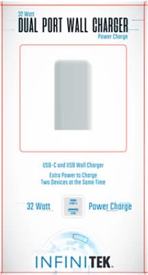 Infinitek Usb & Usb-C Dual Port Wall Charger 32 Watt, White