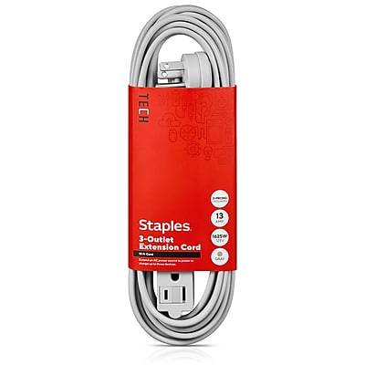 Staples 15' Extension Cord 3-outlet With Safety Covers ( gray)