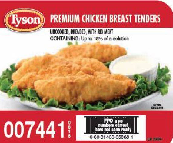 Frozen Tyson #7441 - Uncooked Breaded Premium Chicken Breast Tenders, 70 Pieces - 10 lbs (1 Unit per Case)