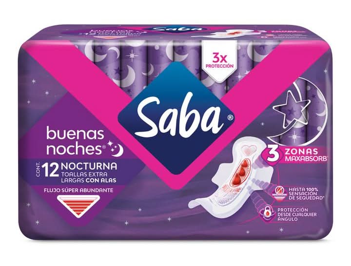 Saba · Toallas nocturnas con alas máxima absorción, Extra Largas (12 un)