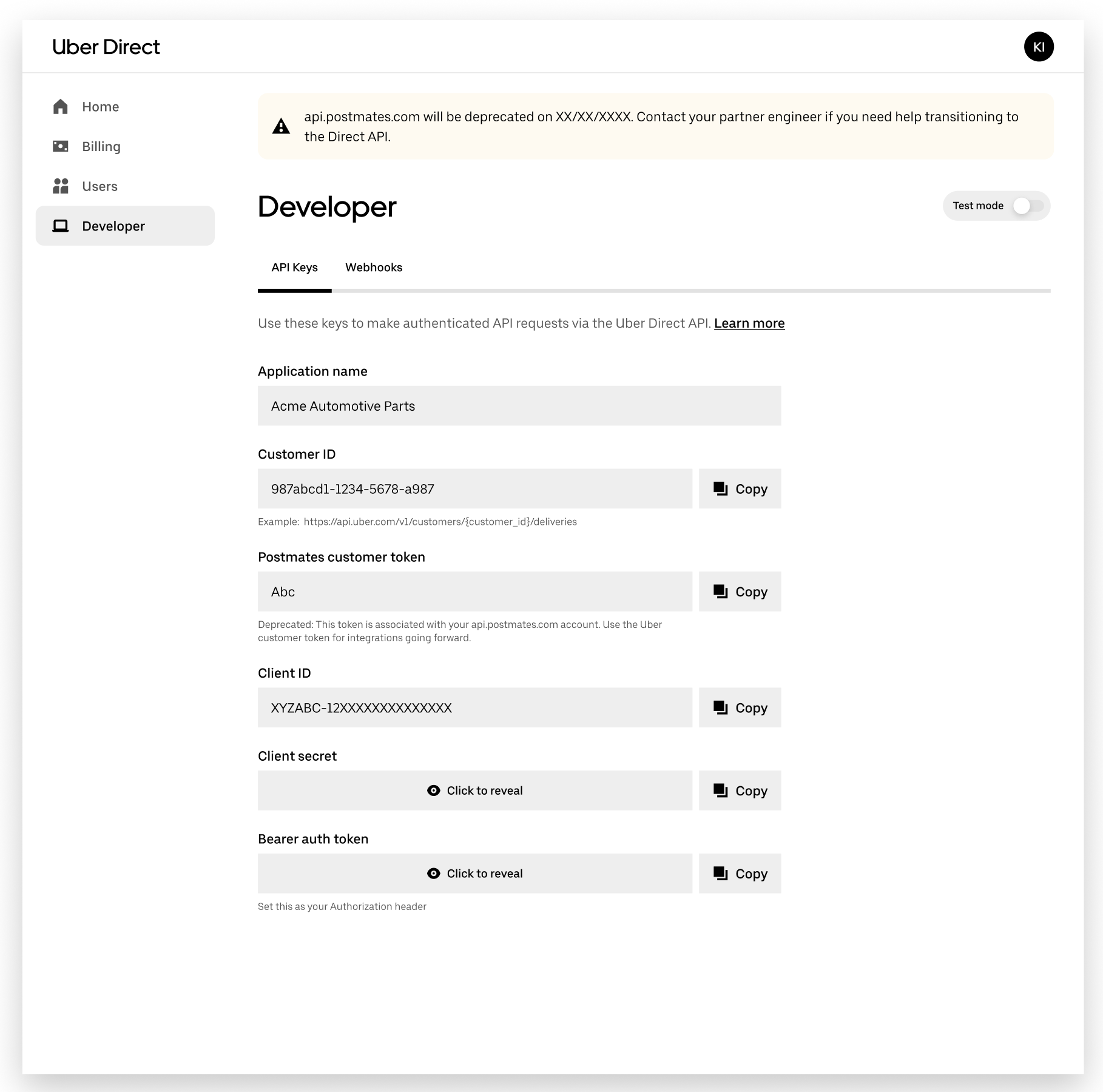 Direct Dashboard Developers Tab
