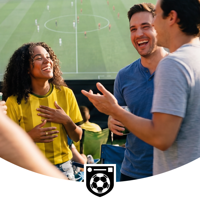 Friends laughing and talking together at an outdoor soccer match, with a large field and players visible in the background. A woman in a purple jersey stands among two men, one in a blue shirt and the other in gray, all enjoying the event. A soccer-themed emblem decorates the bottom of the image.