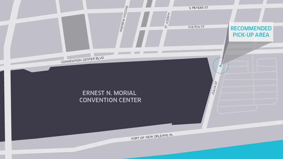Exit the Convention Center near the Great Hall (Hall A) and head to our recommended pickup area on Julia St near Convention Center Blvd.