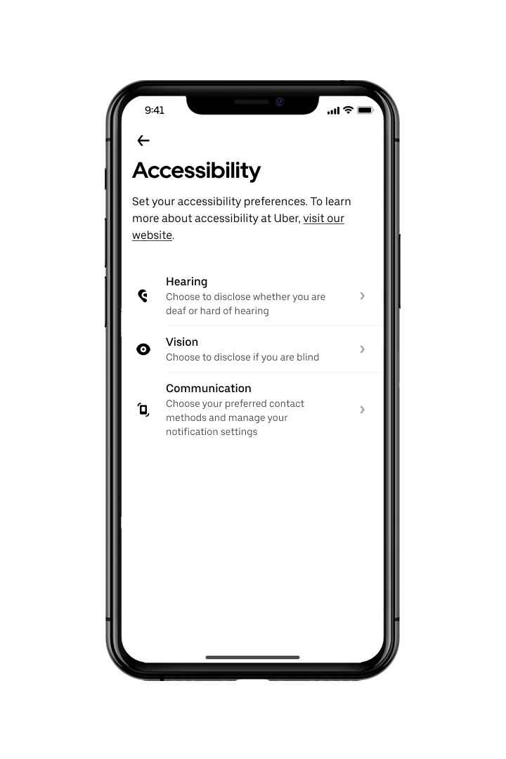 Image of the new accessibility preferences page for riders in the Uber app. The page has three categories: hearing, vision, and communication.