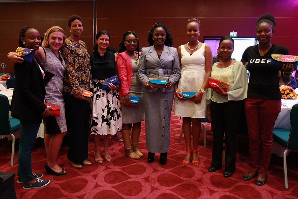 The Honourable Principal Secretary of Gender Affairs, Zeinab W. Hussein (centre), UN Women Country Director, Zebib Kavuma (left) and Uber Kenya Operations and Logistics Manager Kagure Wamunyu with women driver-partners.