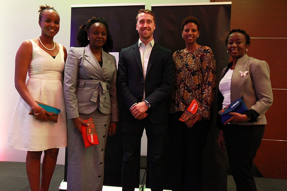 Uber General Manager Nate Anderson (centre) poses with Uber Operations and Logistics Manager Kagure Wamunyu (extreme left), and the Honourable Principal Secretary of Gender Affairs, Zeinab W. Hussein, UN Women Country Director, Zebib Kavuma and Eva Muraya (extreme right) during the Uber Women Appreciation Luncheon.