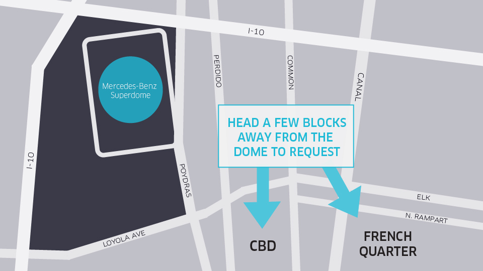 For the shortest ETAs, head a few blocks away from the Mercedes-Benz Superdome area to request.