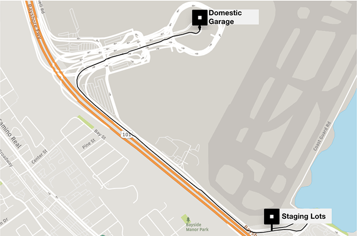 Map from Staging Lots to Domestic Garage at SFO