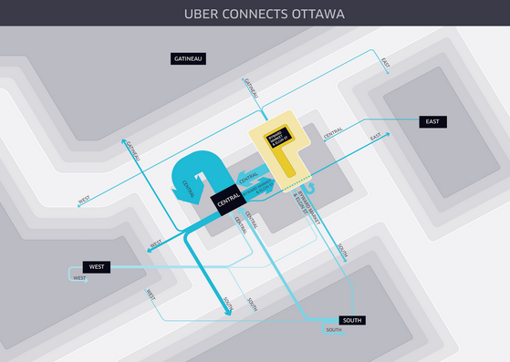 Relative Uber trip volumes between areas displayed in blue