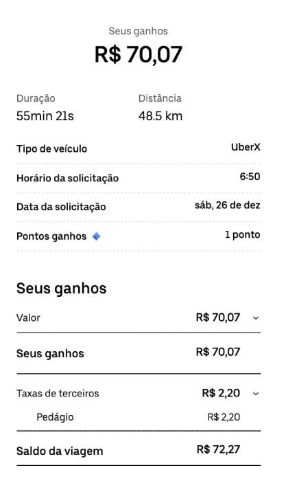 Exemplo de recibo com pedágio